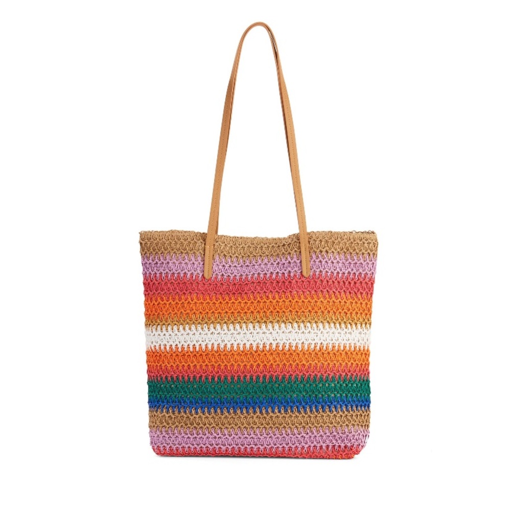Multi Bold Stripe Packable Straw Tote Bag Purse